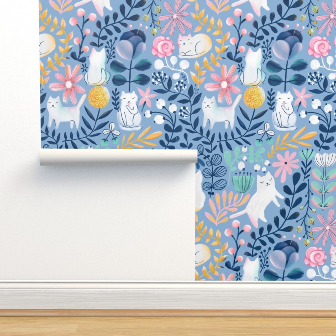 Cat Floral Floral Cat Spring Summer Hand Drawn Cats Botanical Botany Pet White Blue Aqua Whimsical Custom Removable Wallpaper by Spoonflower Peel & Stick Wallpaper 2FT Wide